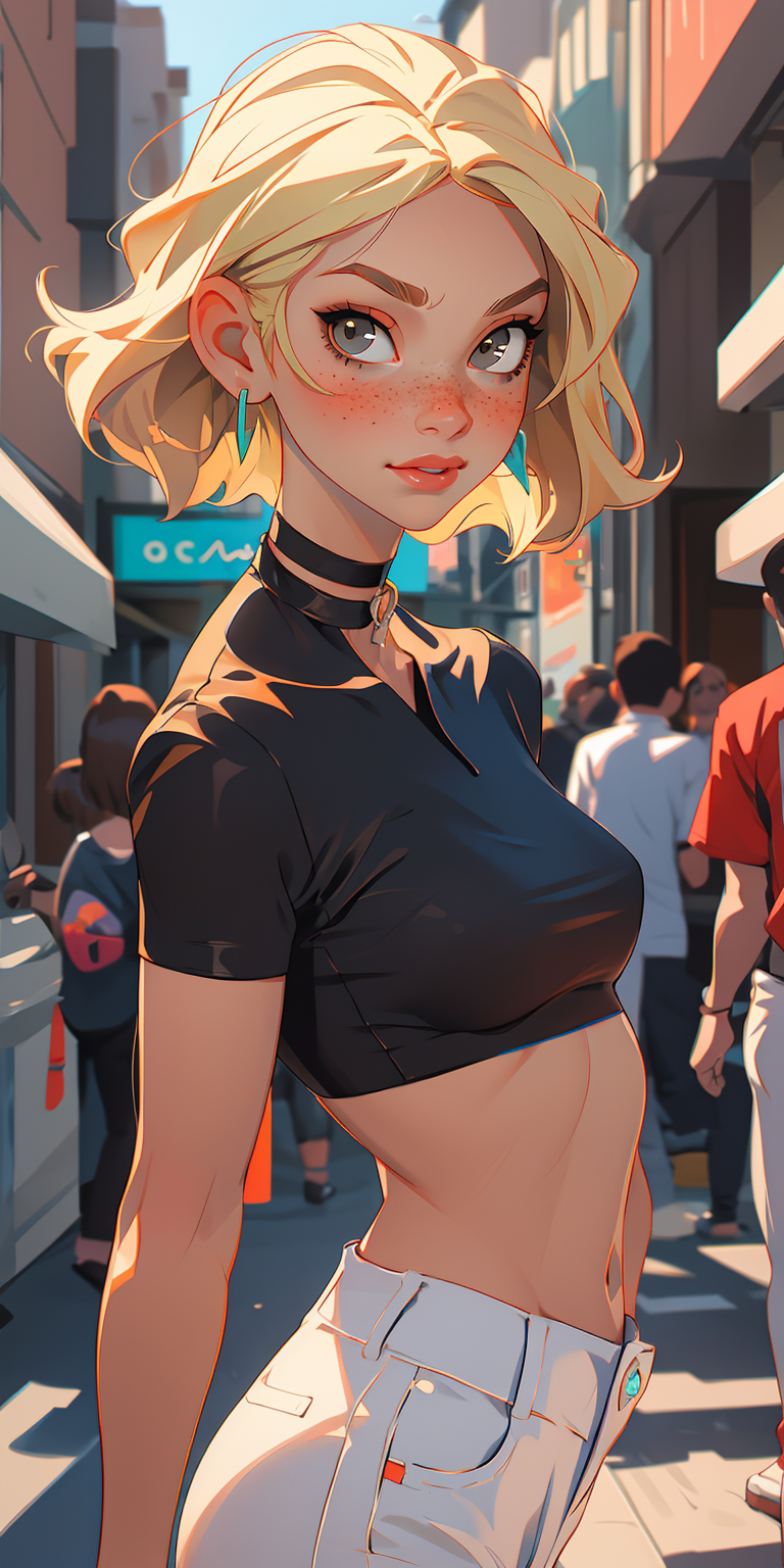 (masterpiece, best quality), 1girl, blonde, freckles, crop top, choker, looking at viewer, upper body, blurry, earrings, s...